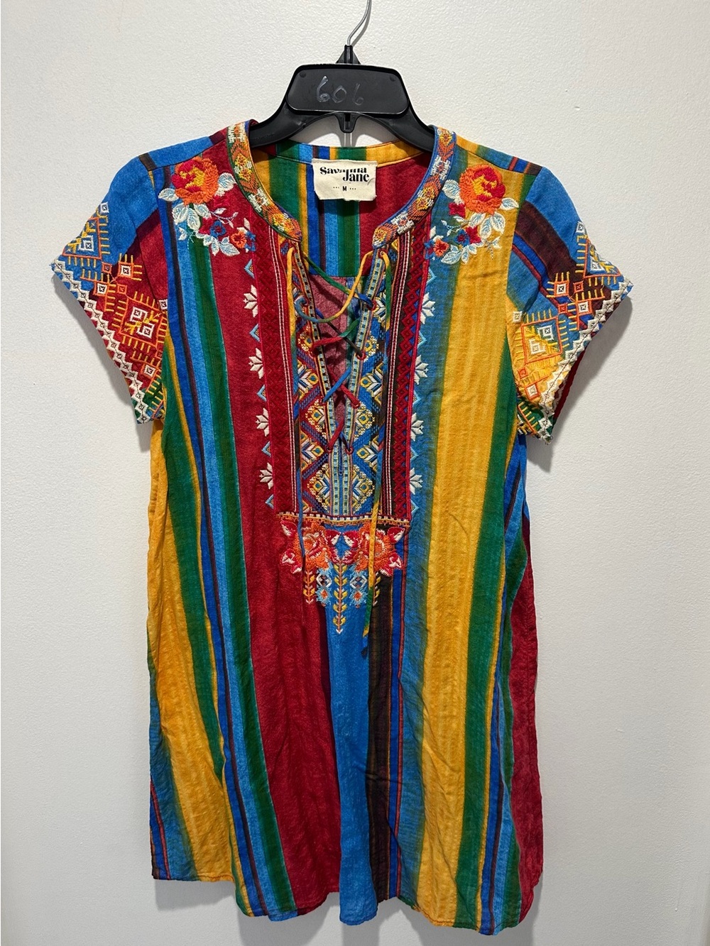 Savanna Jane Embroidered Boho Serape Stripe Tunic Dress Lace Up Medium M